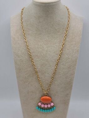 J Crew Orange Pink Blue Gold Resin Crystal Boho Long Pendant